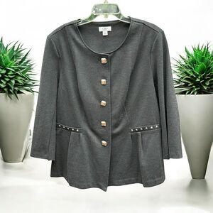 Cato Womens Studded Pleated Charcoal Button Jacket Extend 3/4 Sleeve-Plus 18/20W